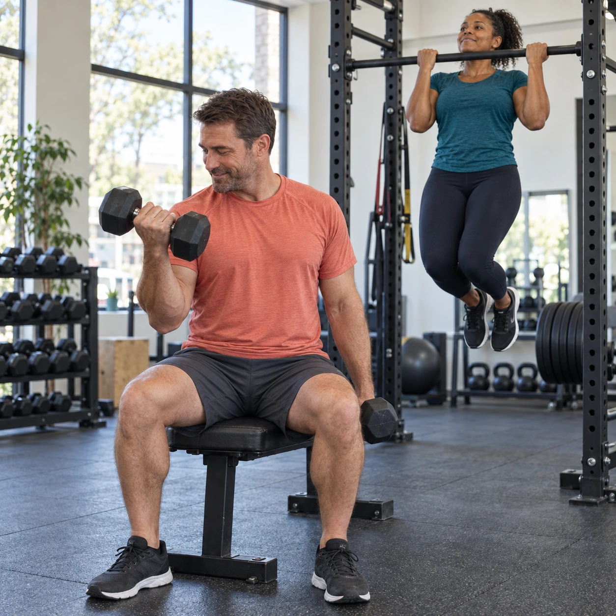 Two adults with active routines exercising together in a neighborhood gym.